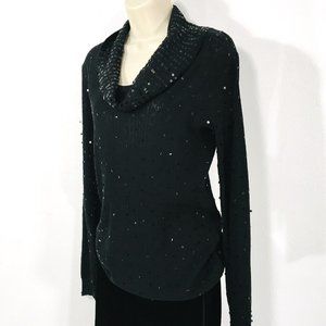 Reba Womens Sweater Sz S Black All Over Sequins Cowl Neck Lightweight Sheer